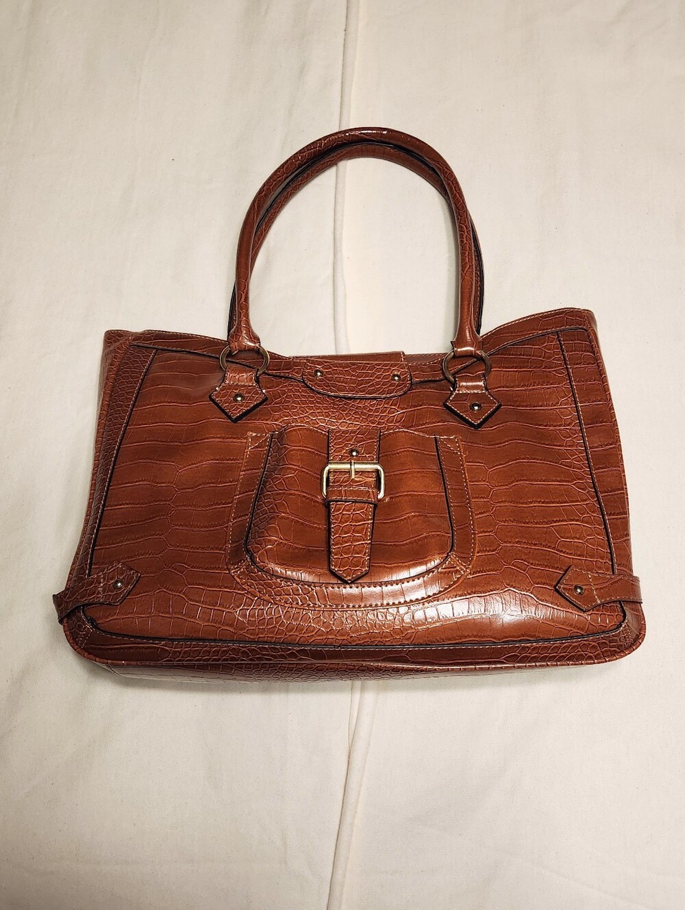 Merona Brown Croc Faux Leather Double Handle Laptop Tote Bag - Picture 5 of 11
